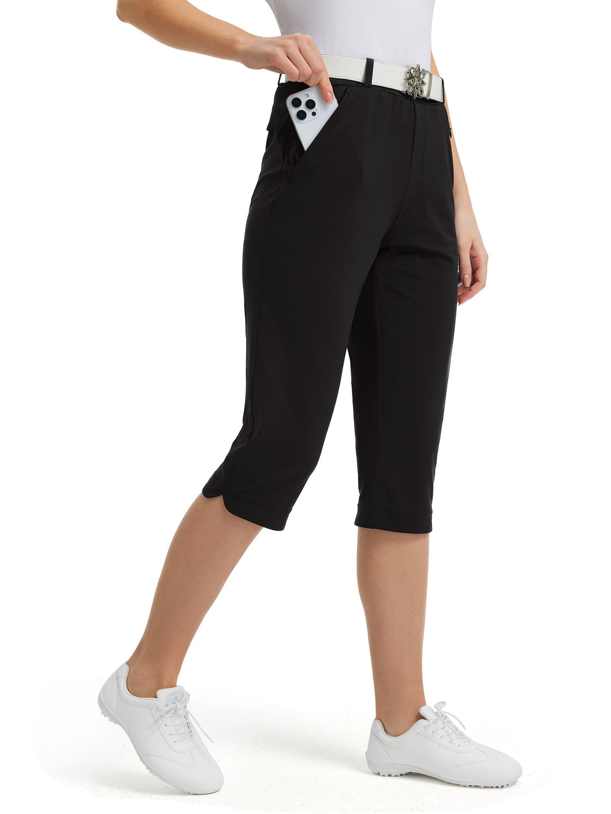 Women's Stretch Golf Capri Pants | Slim-Fit Cropped Outdoor Pants with Pockets &amp; Belt Loops