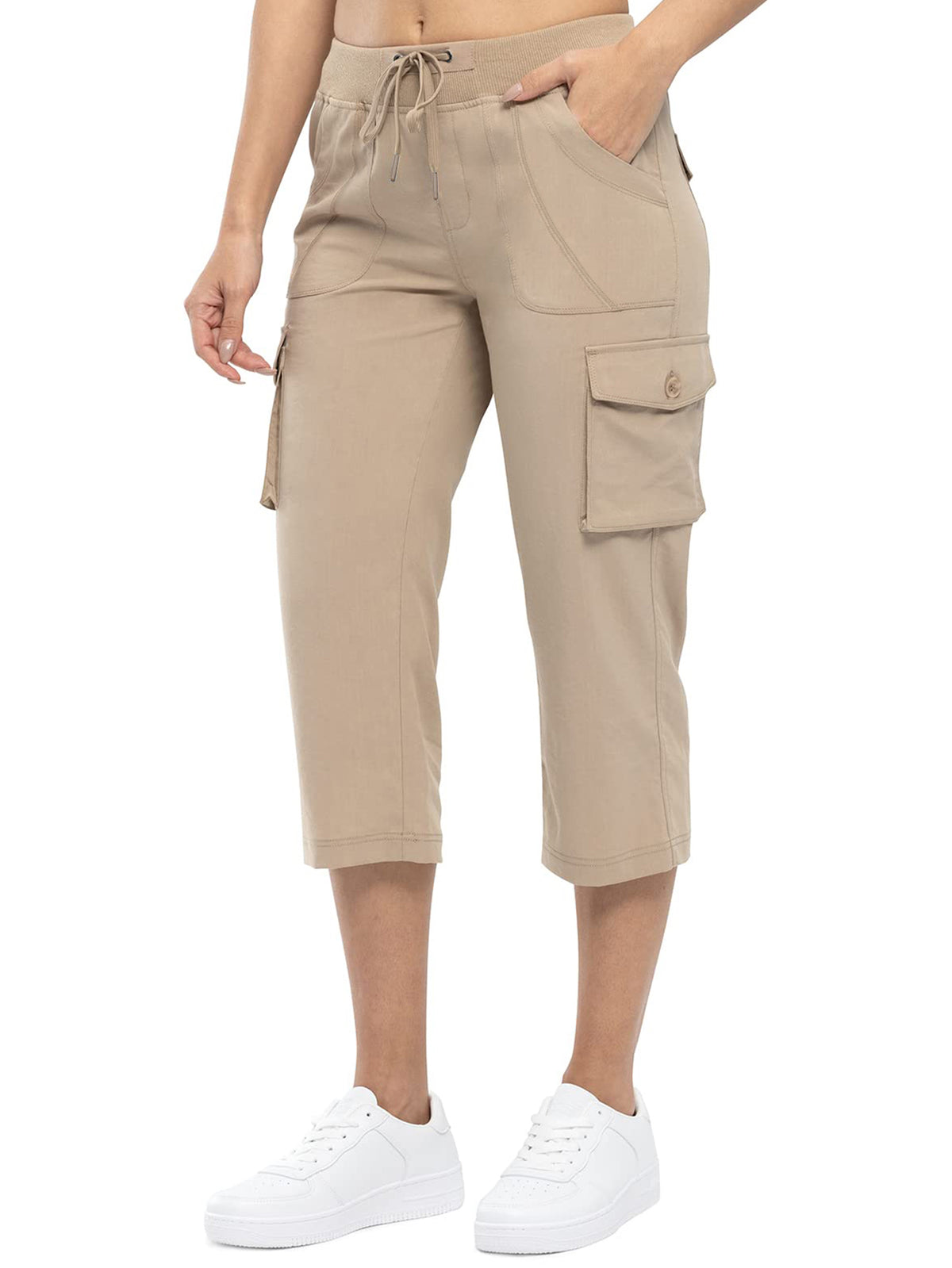 Women's Outdoor Cargo Capri Pants | Lightweight Quick-Dry Cropped Hiking Pants with Ribbed Waistband &amp; Pockets