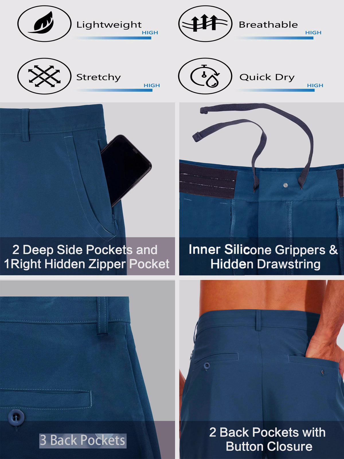 Men's Stretch Golf Shorts | Lightweight Quick-Dry Flat-Front Performance Shorts with Pockets
