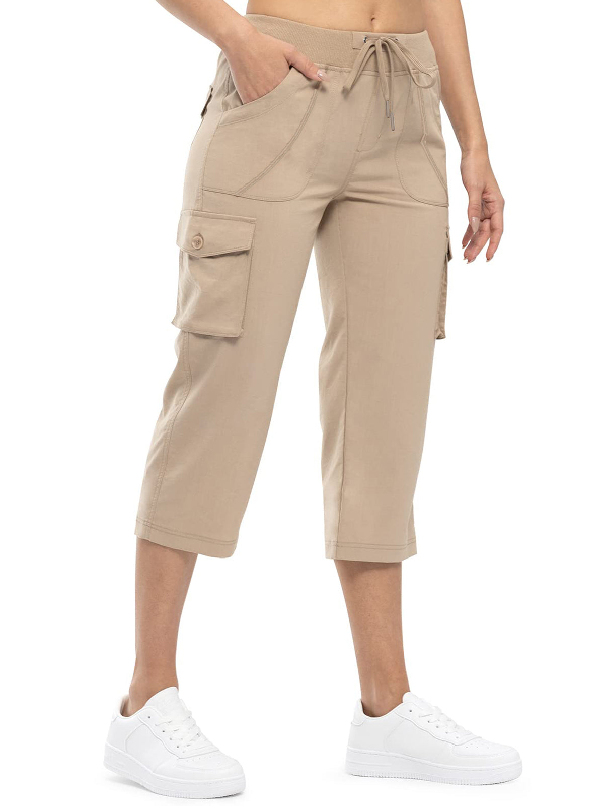 Women's Outdoor Cargo Capri Pants | Lightweight Quick-Dry Cropped Hiking Pants with Ribbed Waistband &amp; Pockets