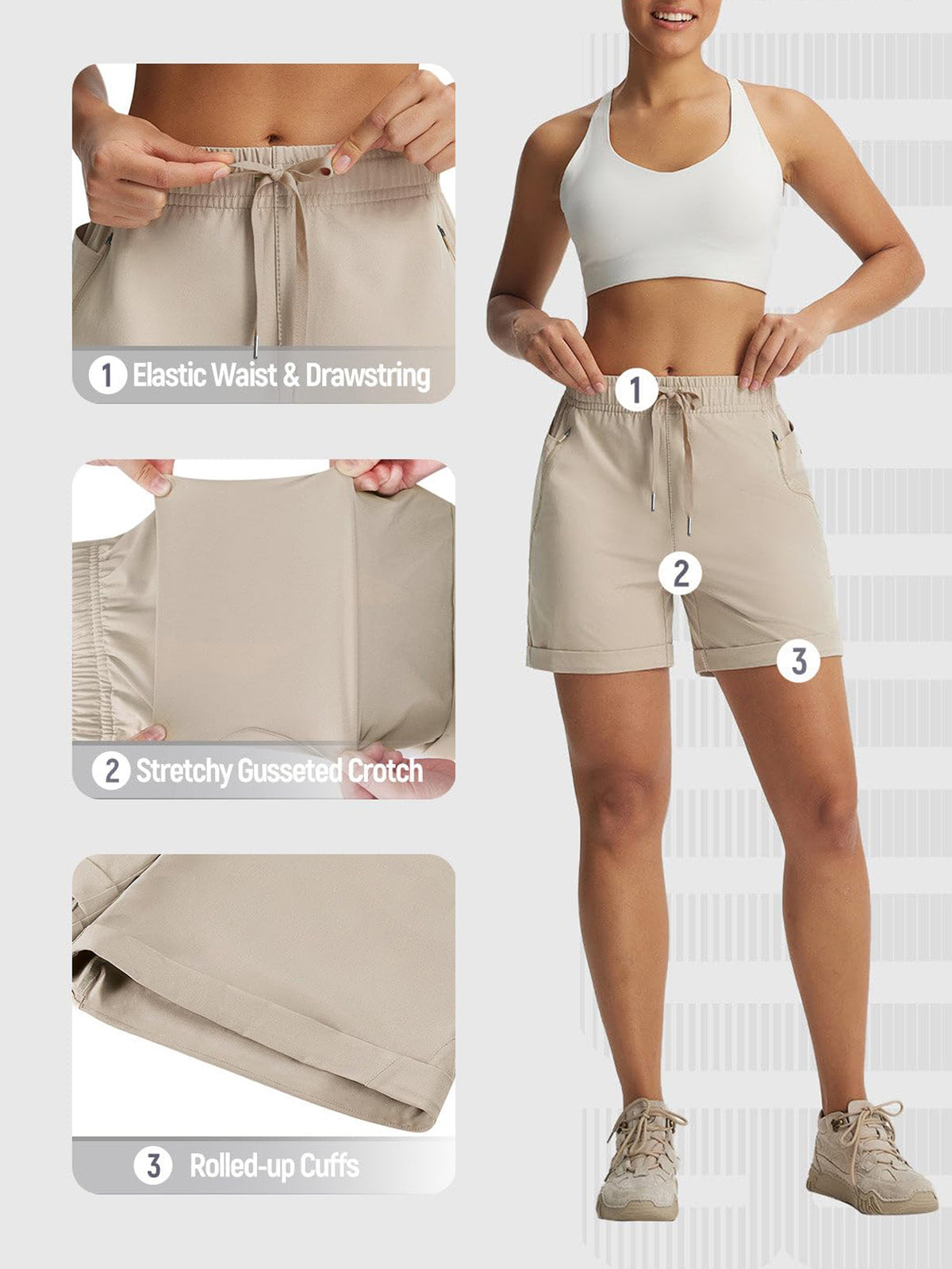 Women's High-Waisted Quick-Dry Hiking Shorts | Lightweight Outdoor Athletic Shorts with Zipper Pockets &amp; Drawstring