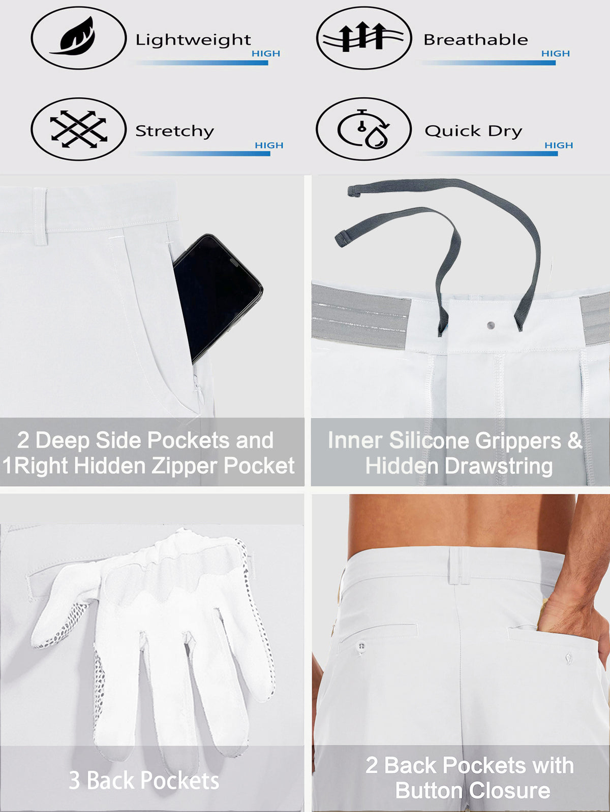Men's Stretch Golf Shorts | Lightweight Quick-Dry Flat-Front Performance Shorts with Pockets