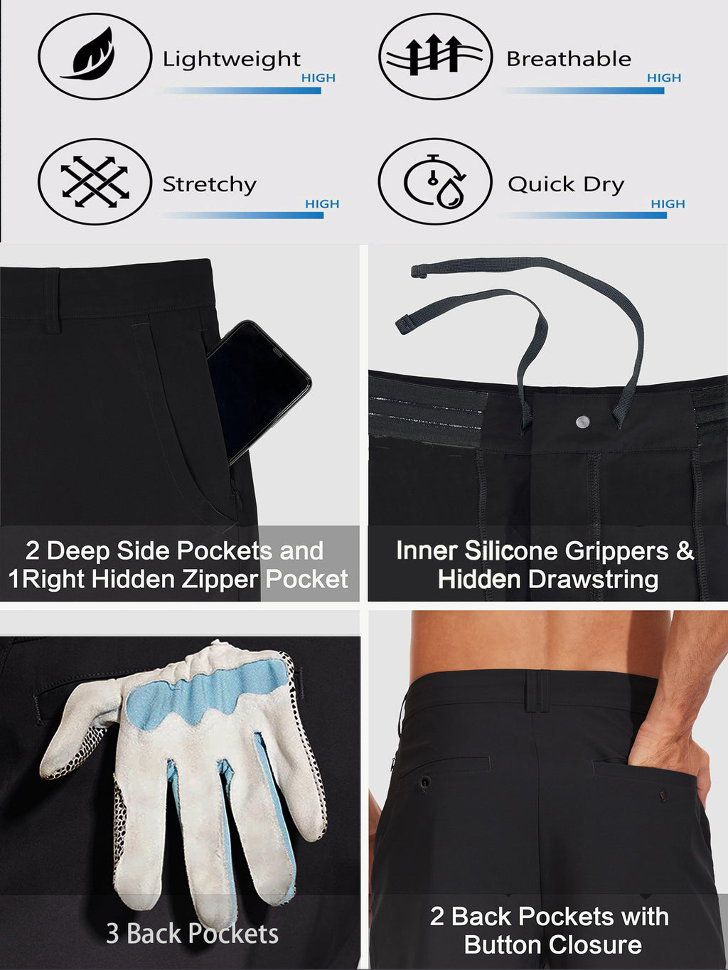 Men's Stretch Golf Shorts | Lightweight Quick-Dry Flat-Front Performance Shorts with Pockets