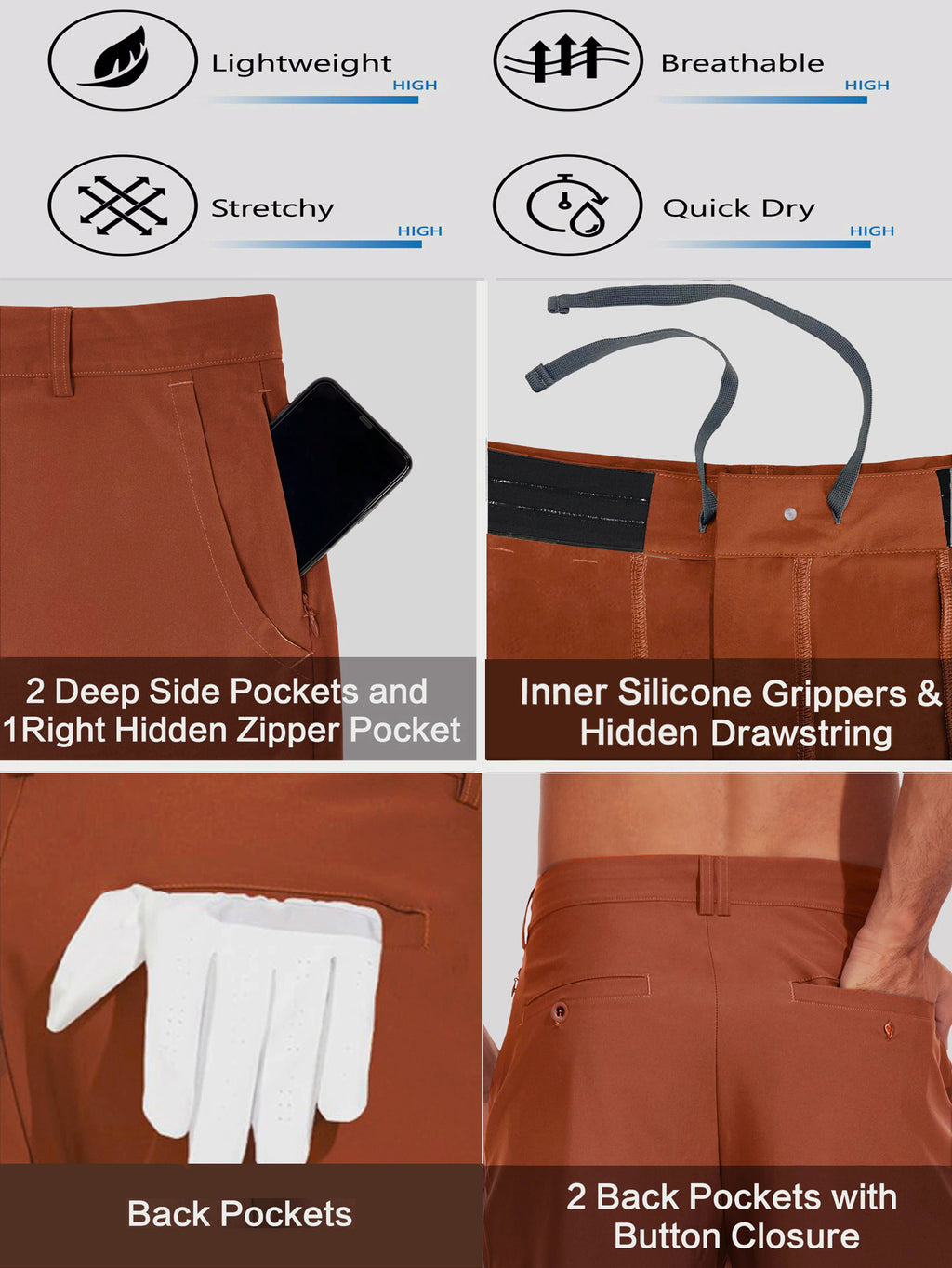 Men's Stretch Golf Shorts | Lightweight Quick-Dry Flat-Front Performance Shorts with Pockets