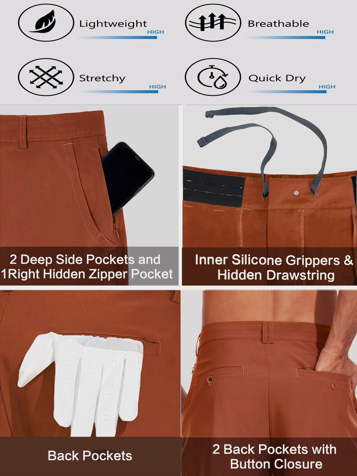 Men's Stretch Golf Shorts | Lightweight Quick-Dry Flat-Front Performance Shorts with Pockets