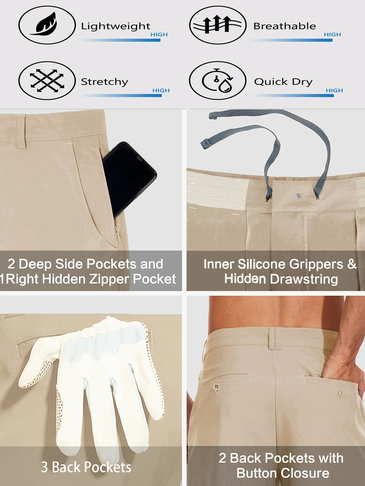 Men's Stretch Golf Shorts | Lightweight Quick-Dry Flat-Front Performance Shorts with Pockets