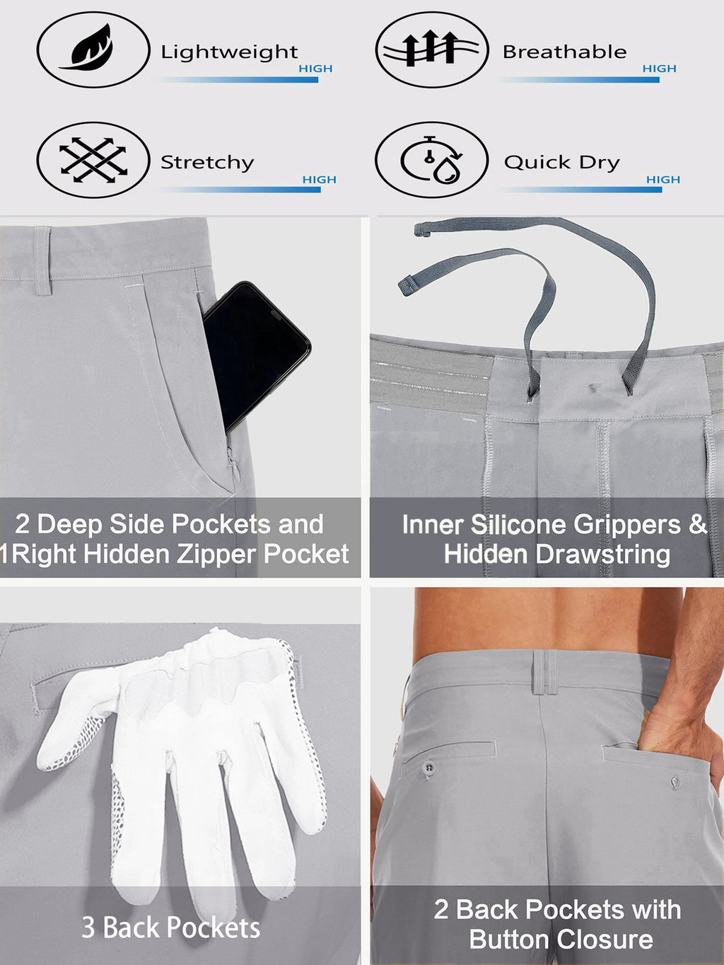 Men's Stretch Golf Shorts | Lightweight Quick-Dry Flat-Front Performance Shorts with Pockets
