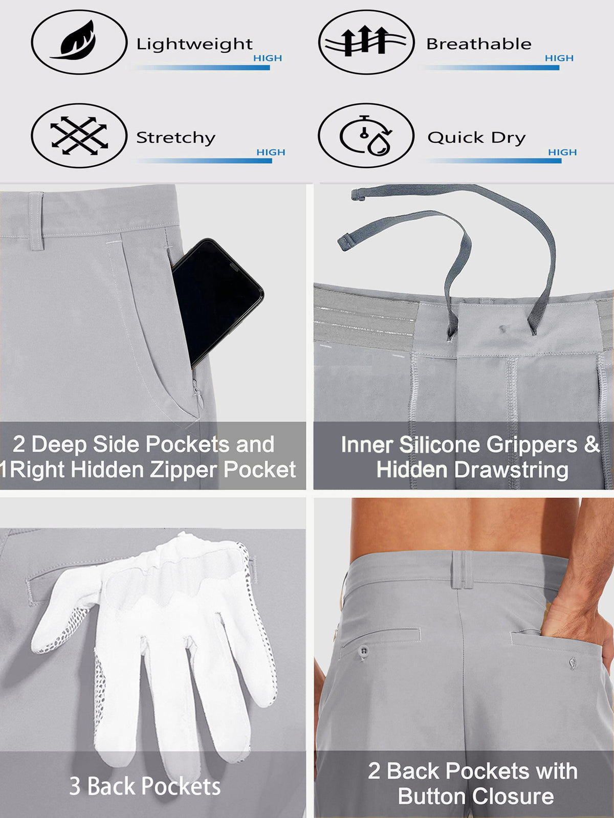 Men's Stretch Golf Shorts | Lightweight Quick-Dry Flat-Front Performance Shorts with Pockets
