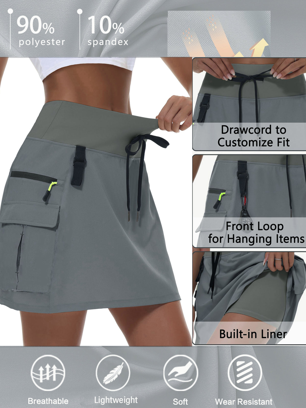 Women's High-Waist Cargo Outdoor Skort | Quick-Dry Hiking Skirt with Built-in Shorts &amp; Pockets